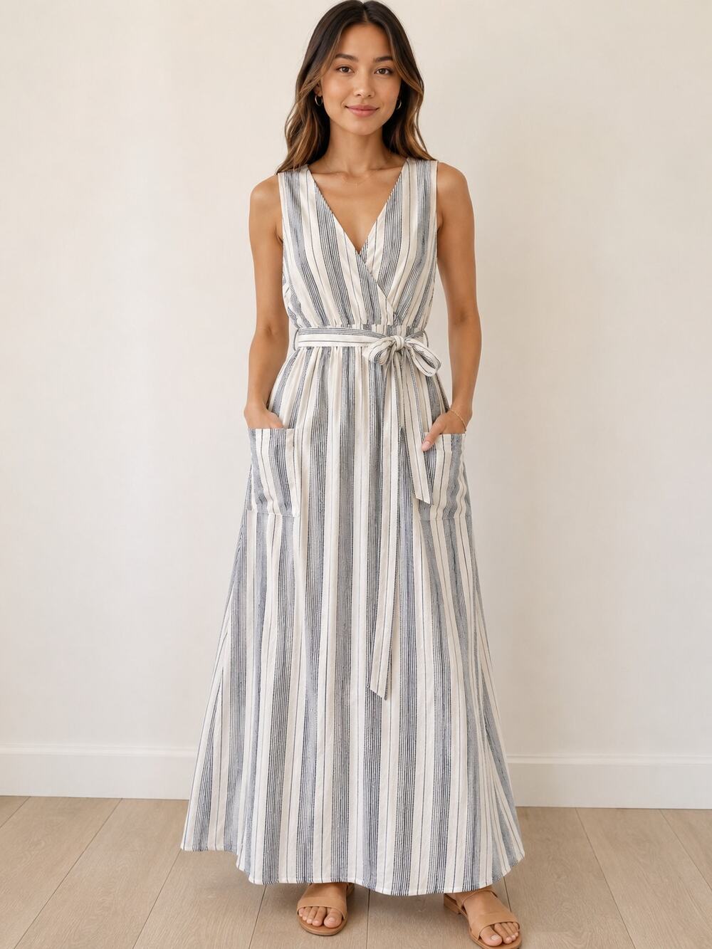 Harper Heritage XXS Blue White Striped Wrap Maxi Dress Belt Pockets